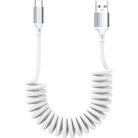 Câble de données USB-A vers USB-C pour CarPlay, charge rapide et transfert de données en voiture, ressort spiralé rétractable 1,5 m/0,8 m, gaine en nylon tressé, compatible Apple (1/4)