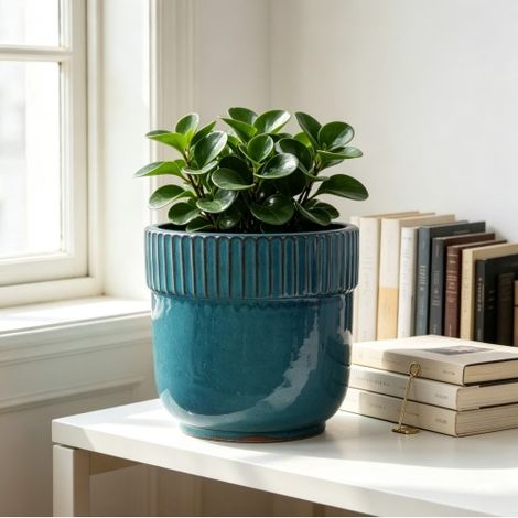 Pot de fleurs individuel en céramique artisanale (Ø 30,5 cm), bleu turquoise brillant avec bord rainuré vertical, respirant, résistant au gel et muni de trous de drainage, pour plantes d'intérieur et  (1/5)