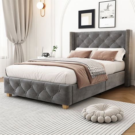 Lit 90x200 cm capitonné velours gris avec sommier à lattes, clous décoratifs, pieds bois — sans matelas (1/5)