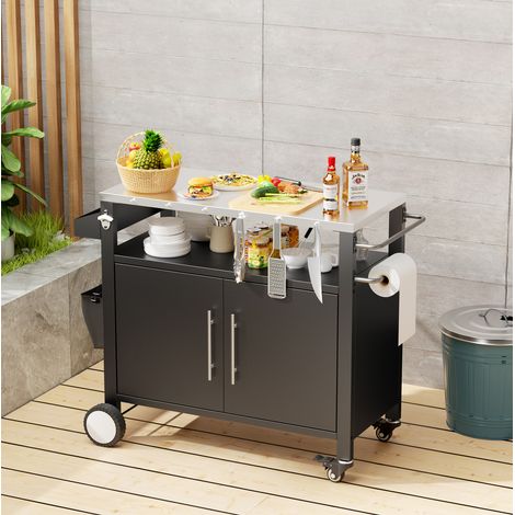 Carrello barbecue da esterno con piano in acciaio inox, mobile a 2 ante e ruote OKMYHOME (1/5)
