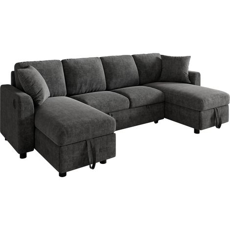 Canapé convertible en U 260x128x82 cm avec 2 méridiennes coffre, ports USB et USB-C, 2 coussins, tissu chenille gris (1/4)