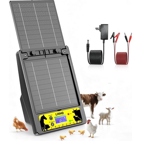 Électrificateur de Clôture Solaire 32 KM, 0.3-2J, 6KV-12KV Réglable, Portée, Électrificateur avec Panneau Solaire 10W, Batterie au Lithium 18000mAh, Protection Sûre pour Jardins, Volaille(Noir)
