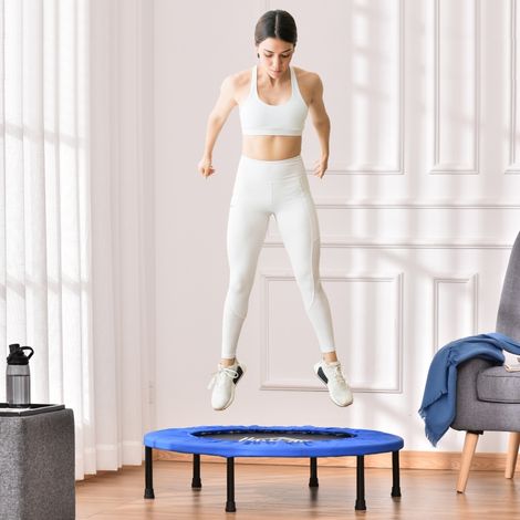 91 Mini Fitness Trampoline Home Gym Yoga Exercise Rebounder Indoor Outdoor Jumper with Safety Pad, Support Up to 100 KG, Blue and Black