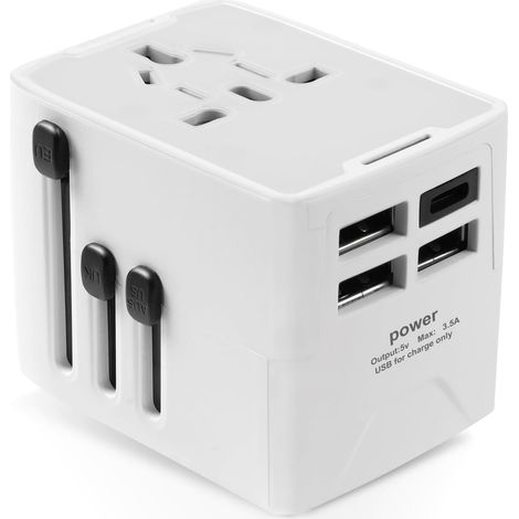 Adaptateur Voyage Universel, Adaptateur de Prise avec 3 USB et 1 Type C, Double Fusibles Adaptateur International vers USA, EU, UK, AUS, Plus de 200 Pays (Blanc) (1/5)