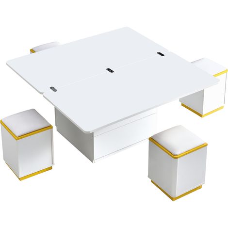 Mesa de centro elevable y extensible con 4 taburetes, MDF y aglomerado, blanca y amarilla (1/5)