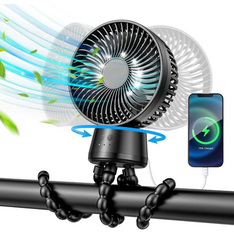 Ventilateur portable rechargeable – batterie intégrée – rotation 120° – 3 vitesses réglables – fonction veilleuse LED – design détachable