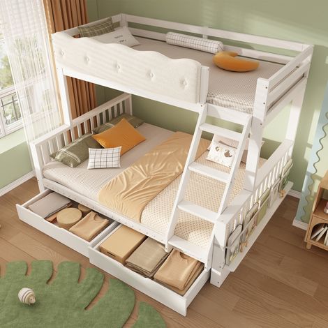 Lit superposé- lit enfant 140 x 200 cm avec escalier- garde-corps- rangements- LED- roulettes- sommier inclus- sans matelas- en bois- Blanc (1/5)