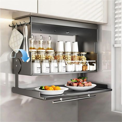 Porta spezie in acciaio inox, organizer rimovibile da parete, girevole per cucina e bagno (grigio)