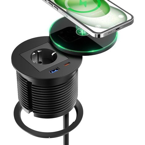 Multiprise Encastrable USB C PD 30W avec Chargeur sans Fil 15W, Prise Encastrable Plan de Travail USB C, Bloc Prise Escamotable pour Meubles, Cuisine, Bureau 2M Câble, Diamètre 80mm, Noir (1/5)