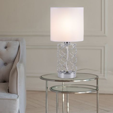 Lampada da tavolo camera da letto lampada da comodino bianca lampada da tavolo moderna base argento, paralume in tessuto acciaio, 1x attacco E14, DxH 18x35 cm