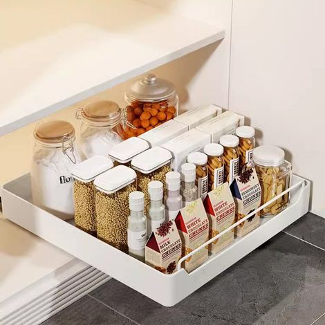 Tiroir Coulissant Cuisine,Organisateurs D'armoire Coulissants,Panier de tiroir,Organisateur Placard Cuisine,Aucun PerçAge ni Clouage Requis,40437CM,Blanc (1/5)
