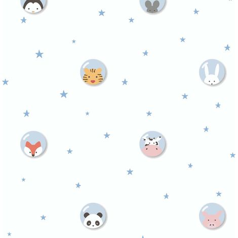 Papier peint chambre enfant blanc animaux Tapisserie chambre bébé animaux multicolores & étoiles Papier peint chambre bébé (1/4)
