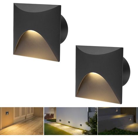 Applique murale 4 LED Blanc chaud 3000K Aluminium Lumière d'escalier 230V Rond Spot encastré 3W IP44 Etanche Intérieur Extérieur Noir Lumière de marche, avec boîte d'encastrement