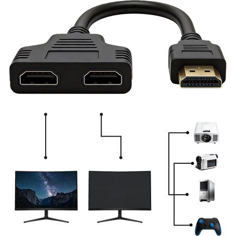 Adaptateur Répartiteur HDMI, Splitter 1080p Mâle vers Double HDMI Femelle 4K 60Hz, 1 entrée 2 Sorties Répartiteur, HDMI Câble pour HDTV HD LED Écran LCD Projecteurs Téléviseurs, Commutateur 2 Ecrans (1/5)