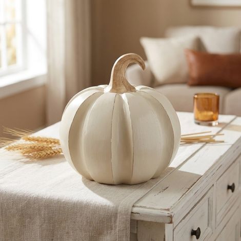 Cream Wood Effect Autumn Pumpkin Ornament (1/2)