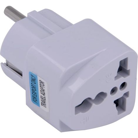 Universeller multinationaler Reisestecker-Adapter auf europäischen Typ E, Weiß, Frankreich, Deutschland, Griechenland, Island, Polen, Portugal, Spanien, USA, Kanada, JP, UK, Australien, China, Schweiz (1/4)