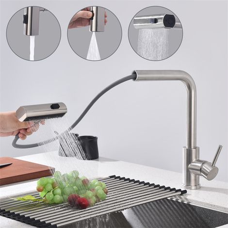 Rubinetti Cucina Rubinetto Cucina con Doccetta Estraibile 3 Doccette Disponibili Rubinetto Sucina con Doccetta Rubinetto Lavello in Acciaio Spazzolato Bocchetta Girevole a 360° (1/5)