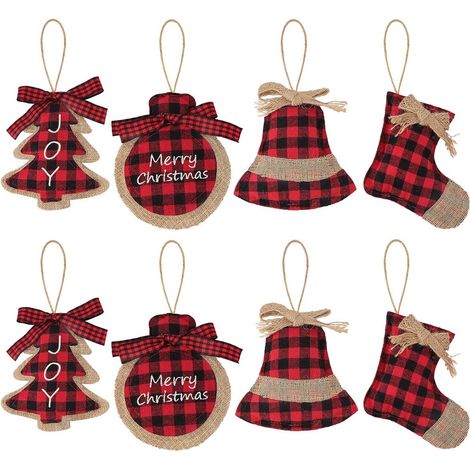 Ornement De Noel - En Toile De Jute Avec Motif Carreaux Rouges Et Noirs - Formes Classiques Arbre Clochette Boule Chaussette - Lot De 8 (1/5)