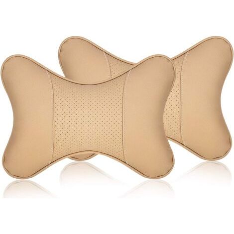 DSstyles Auto-Nackenkissen, 2 Stück, PU-Leder, Reisekissen für Kopfstütze, Nackenstütze für Autositz (Beige)