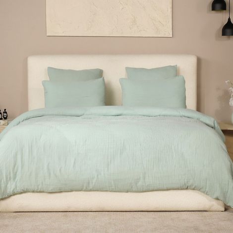 Parure housse de couette 240x220cm + 2 taies 100% gaze de coton lavée vert givré - VALMA (1/4)
