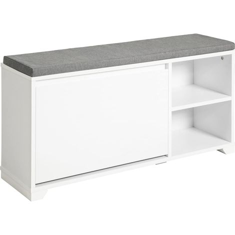 Sobuy – Banc à chaussures FSR119W – Meuble d’entrée avec coussin rembourré – 2 compartiments ouverts – Dimensions 90x24x46cm – Blanc (1/5)