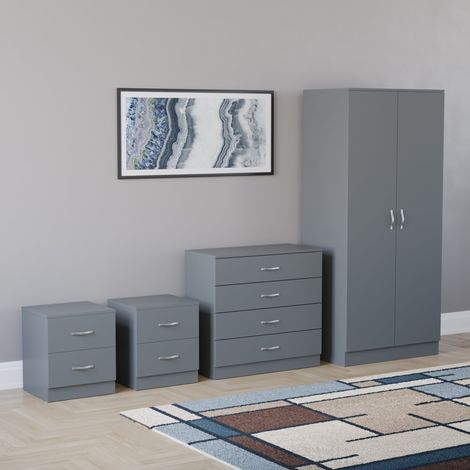 Riano 4 Piece Bedroom Set (2 Drawer Bedside Chest, 4 Drawer Chest, 2 Door Wardrobe), Grey (1/5)