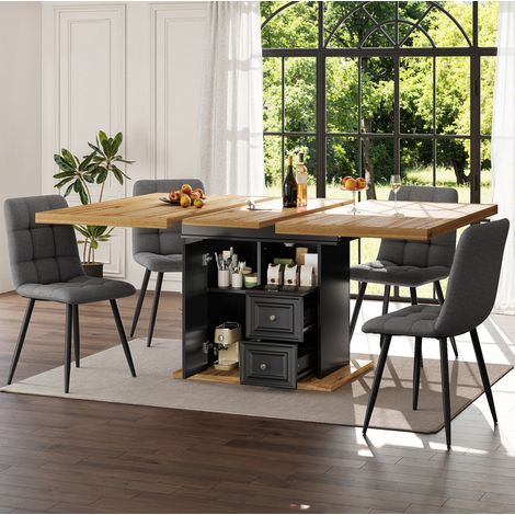 Ausziehbarer Esstisch (110x80x75 cm, ausziehbar auf 140 cm), mit Stauraum, MDF und Metall, Naturholz (1/5)