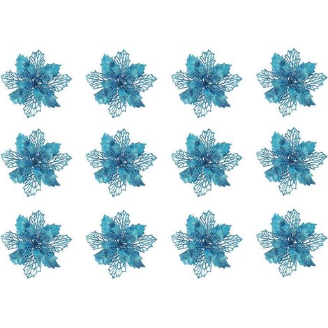 Set 12-teilige Weihnachtsbaumdekorationen Glitzernde Weihnachtssternblüten Hohle künstliche Blumen-16x16cm-Blue (1/2)