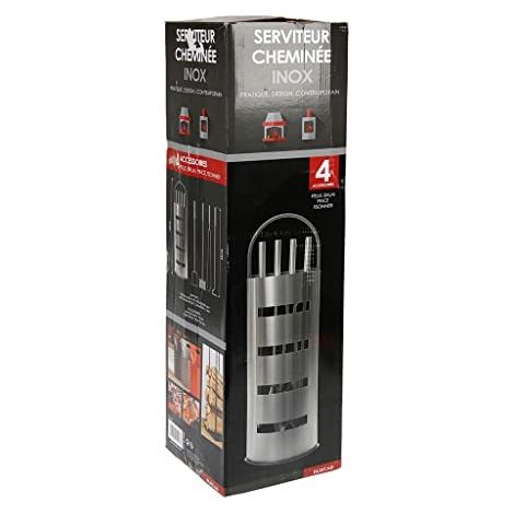 RUECAB - SERVITEUR DE CHEMINÉE, SERVITEUR BOIS CHEMINÉE - SUPPORT + 4 ACCESSOIRES : PELLE, TISONNIER, BALAI ET PINCE - EN INOX -