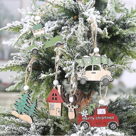 Lot de 6 pendentifs créatifs en bois pour Noël, pendentif « maison de cerf », petit pendentif pour sapin (1/5)