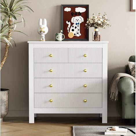 Comò a 5 cassetti con maniglie dorate, per camera da letto e soggiorno, bianco (1/5)