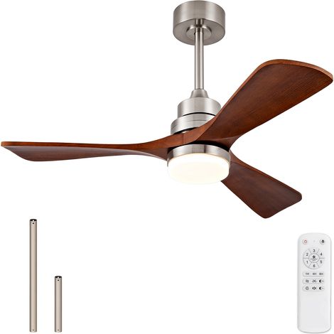 Ventilateur de plafond en bois 42 pouces avec lumière et télécommande, ventilateur intérieur et extérieur, ventilateur extérieur moderne 3 pales pour terrasse, salon, ferme, etc. (Nickel brossé + Doré