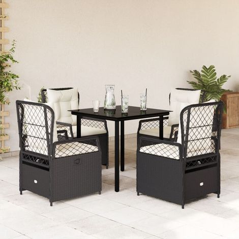 Ensemble Jardin 5 pièces Noir Résine Tressée avec Coussins Crème et Verre Trempé 80x80cm - 4 Fauteuils Réglables + 1 Table (1/5)