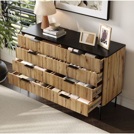 Kommode aus MDF in Natur und Schwarz 120 x 39,5 x 80 cm mit mehreren Schubladen und stabilen Füßen (1/5)