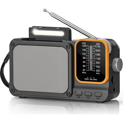 Batteriebetriebenes AM/FM/FM-Radio, kleines Radio mit 2400-mAh-Akku, Transistorradio mit AA-Batterien, Leselampe, Bluetooth, TF-Kartensteckplatz und USB-C-Ladefunktion (1/5)