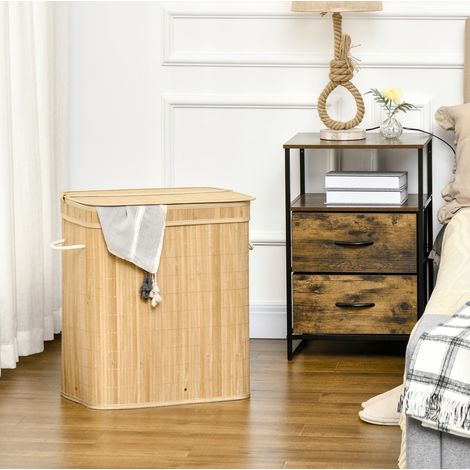 Wäschekorb 54.2x35.2x59.5 cm Naturholz Bambus mit Deckel, 2 Fächern und abnehmbarem Stoffbeutel (1/5)