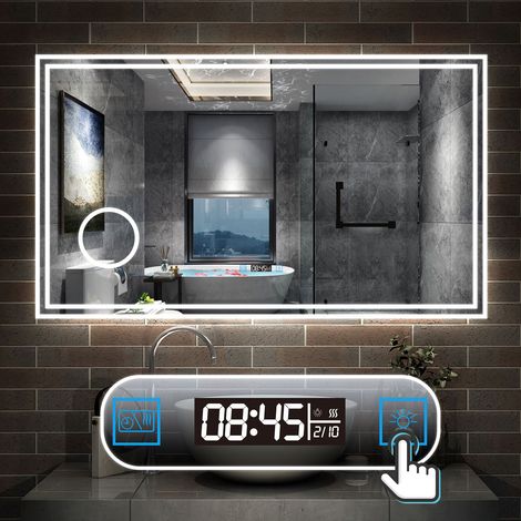 120 x 70 cm LED+Beschlagfrei+Uhr+3 Lichtfarben Dimmbar+Kosmetikspiegel+Helligkeit Memory Funktion