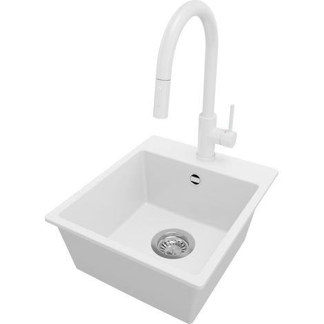 PRIMAGRAN Evier Cuisine en Granit 38x44cm, Lavabo 1 bac + Robinet 40x20cm + Kit de Vidage, Évier à Encastrer au meuble 40cm - Riga Easy, Blanc