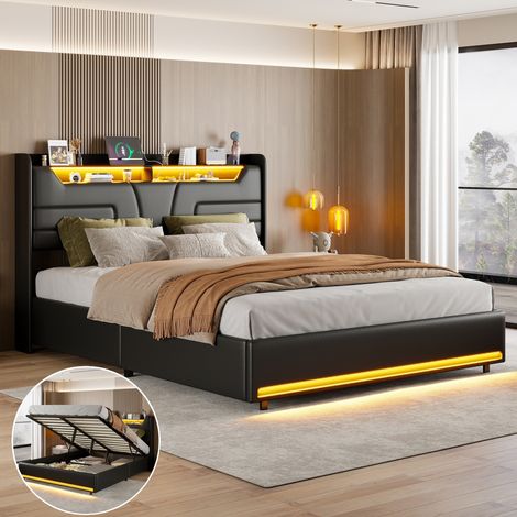 Lit coffre160 x 200cm, lit adulte avec port USB et LED, lit capitonné, cadre de lit, avec levier hydraulique, Noir, PU (1/5)