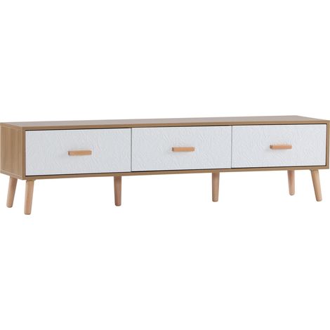 Meuble TV bas vintage en bois clair avec portes blanches texturées, 150 x 35 x 39 cm (1/5)