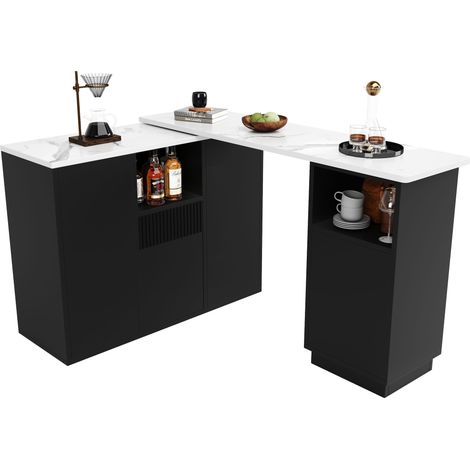 Îlot de cuisine pivotant à 360 degrés, meuble bar noir avec plateau effet marbre et rangements, 210 x 30 x 100,9 cm (1/5)