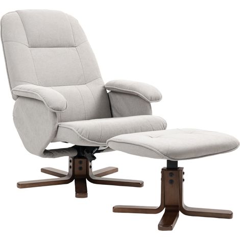 Linen Swivel Recliner Chair with Footstool, Upholstered Reclining Armchair with Wooden Base for Living Room, Light Grey