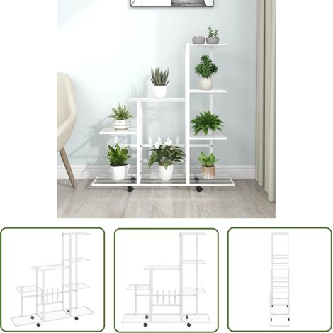 The Living Store Blumenständer auf Rollen 94,5x25x92,5 cm Weiß Metall - Pflanzenständer - Blumensäule - Metallrost - Balkonmöbel - Gartendekoration (1/5)