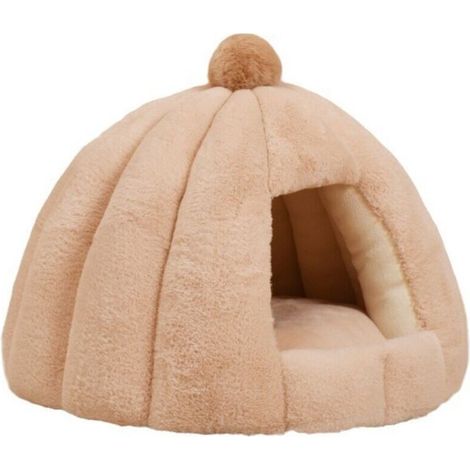 Lit De Grotte pour Animal De Compagnie avec Coussin Intérieur Lavable Amovible, Igloo De Chat en Peluche Doux Et Confortable (48x40cm, Kaki) (1/5)