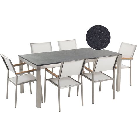 Conjunto de comedor de jardín blanco con mesa 180 x 90 cm de granito negro 6 sillas de ratán Grosseto