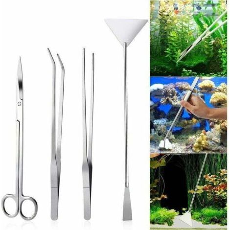 QORVA-Ensemble de 4 outils d'aquarium en acier inoxydable, pinces, ciseaux, spatule pour plantes aquatiques, accessoires, ensemble d'outils d'aquarium, outils d'aquarium d'aquascaping (1/4)