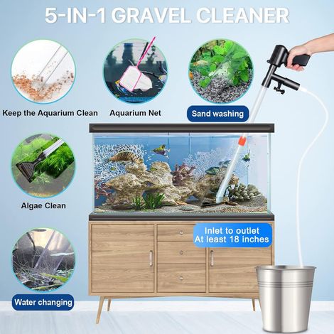 Nettoyeur de Gravier pour Aquarium 5 en 1 Siphon Manuel pour Changement d'Eau Pompe de Nettoyage de Sable avec Gratte-Vitre et Épuisette Éliminateur d'Algues pour Nettoyer les Déchets de Poissons