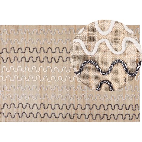 Alfombra de yute beige blanco negro 160 x 230 cm patrón geométrico retro Sogut