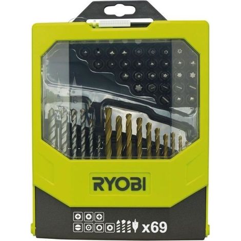 RYOBI – 69-teiliges gemischtes Zubehörset: Holz-, Beton- und Metallbohrer + 43 x 25-mm-Bohrer + 1 Bohrerhalter – RAK69MIX