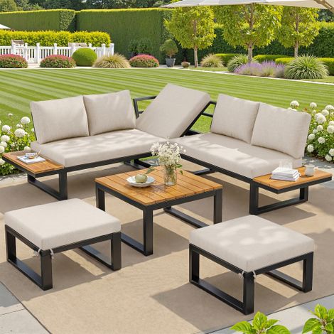 Salon de jardin 6 pièces avec dossier réglable, Ensemble meubles de jardin,canapé d'angle avec table basse et tabourets, structure en acier résistant aux intempéries, coussin d'assise,Beige (1/5)